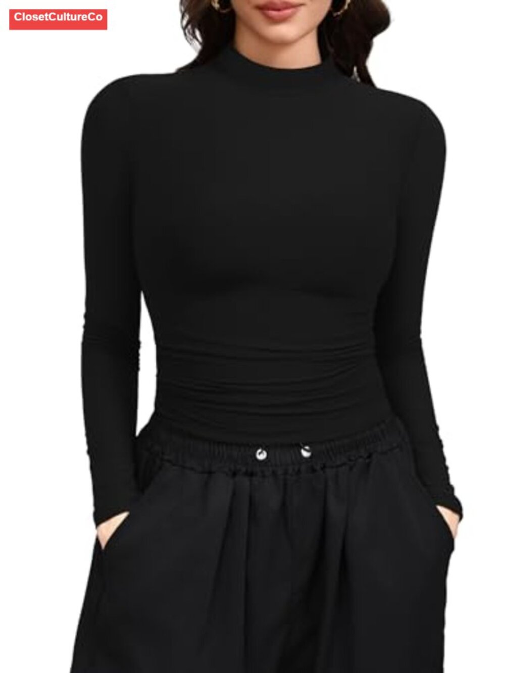Mock Neck Long Sleeve Fitted Crop Top Double Lined Slim T-Shirt